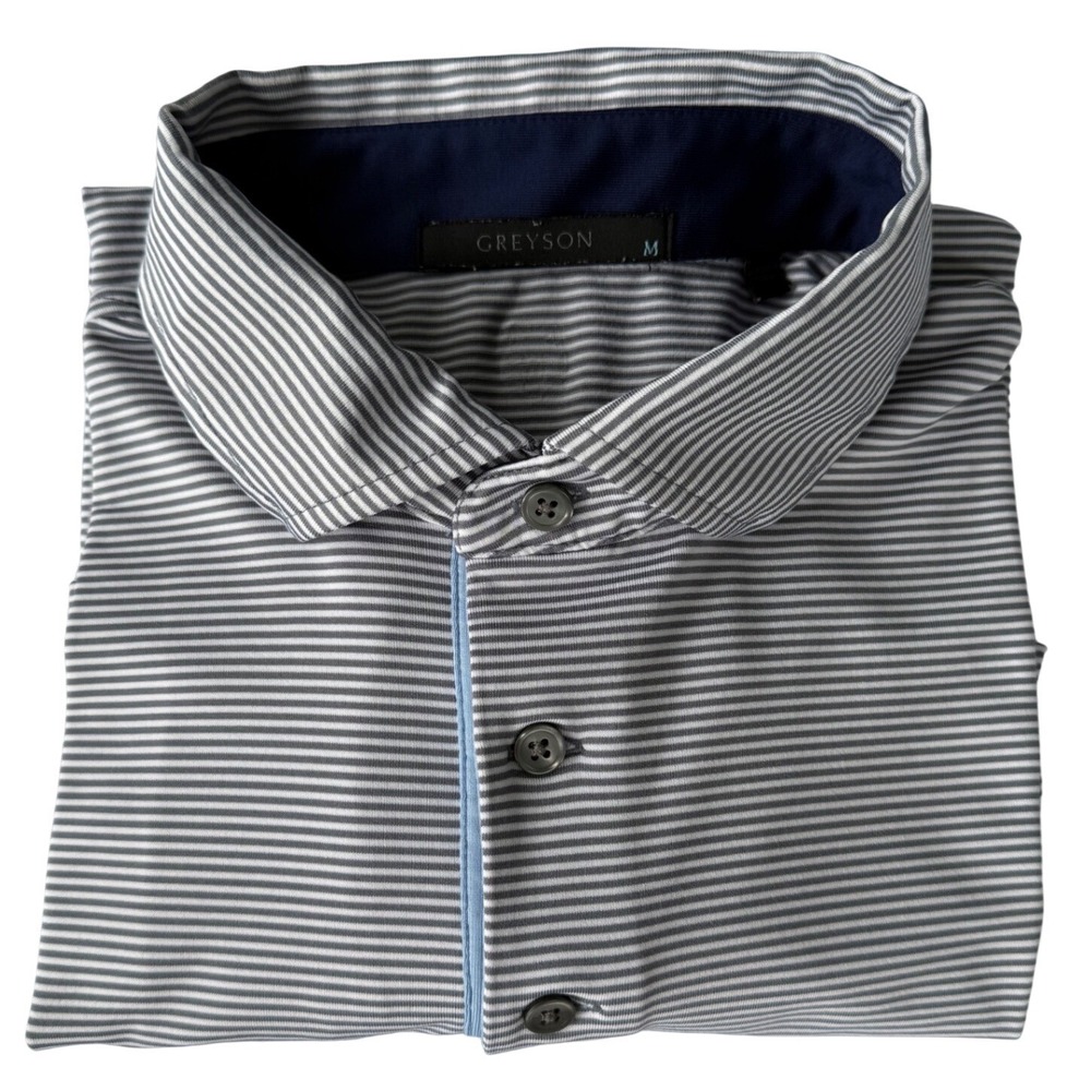 Greyson Mens Striped Polo Shirt Grey White Stewie The Duck Patch Size M